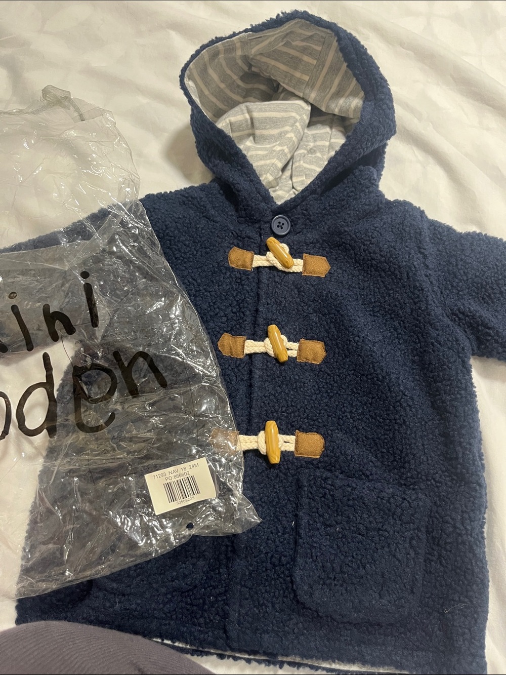 Baby Boden Navy Blue Hooded Toggle Coat with Tan Accents